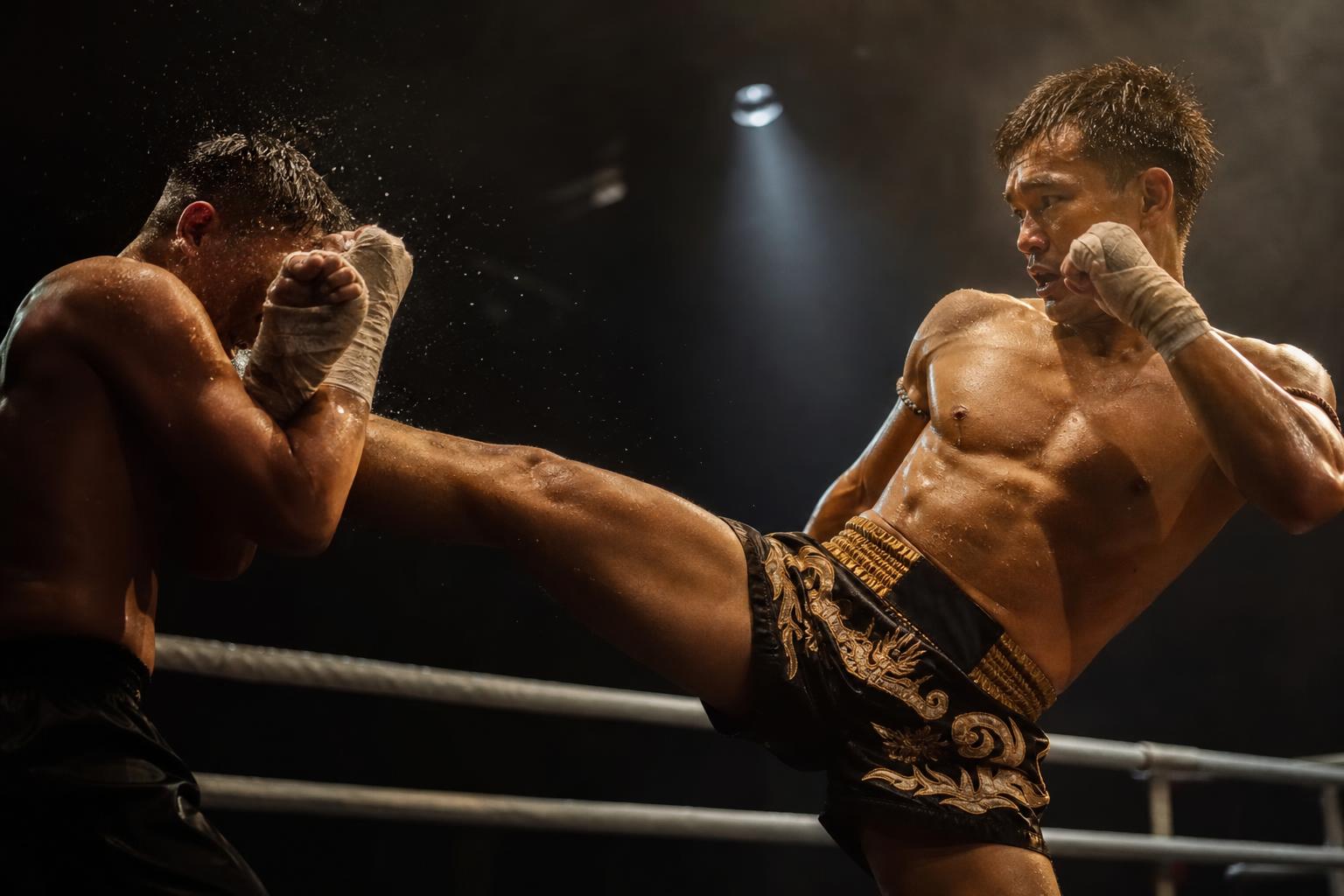 Muay Thai fighter mid-strike in a dramatically lit gym