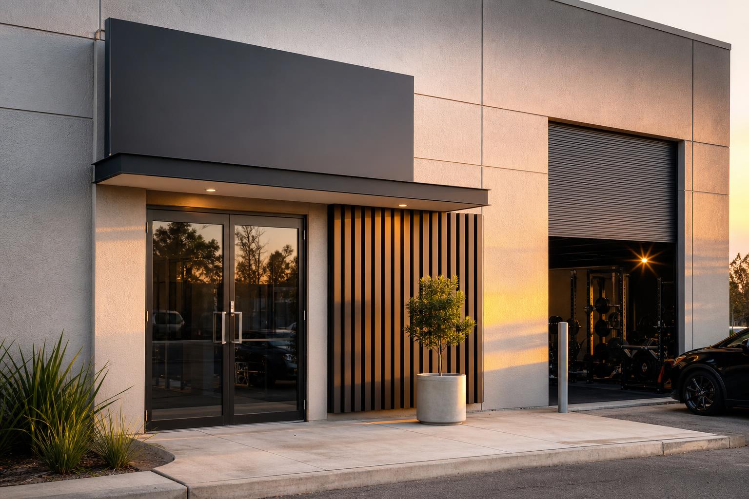 Sunset Muay Thai gym entrance at golden hour